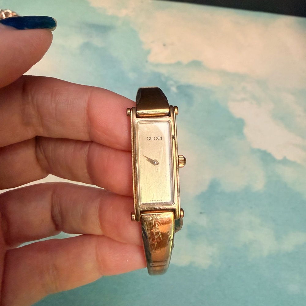 Gucci Gold-Tone Rectangular Watch with Brown Leat… - image 12